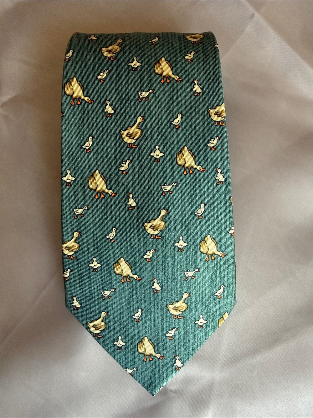 Hermes Teal Silk Tie with Yellow Duck Motif - Picture 3 of 3